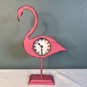 Weathered Metal Flamingo Clock Cast Iron Base Stands 16" Tall WORKS GREAT!!
